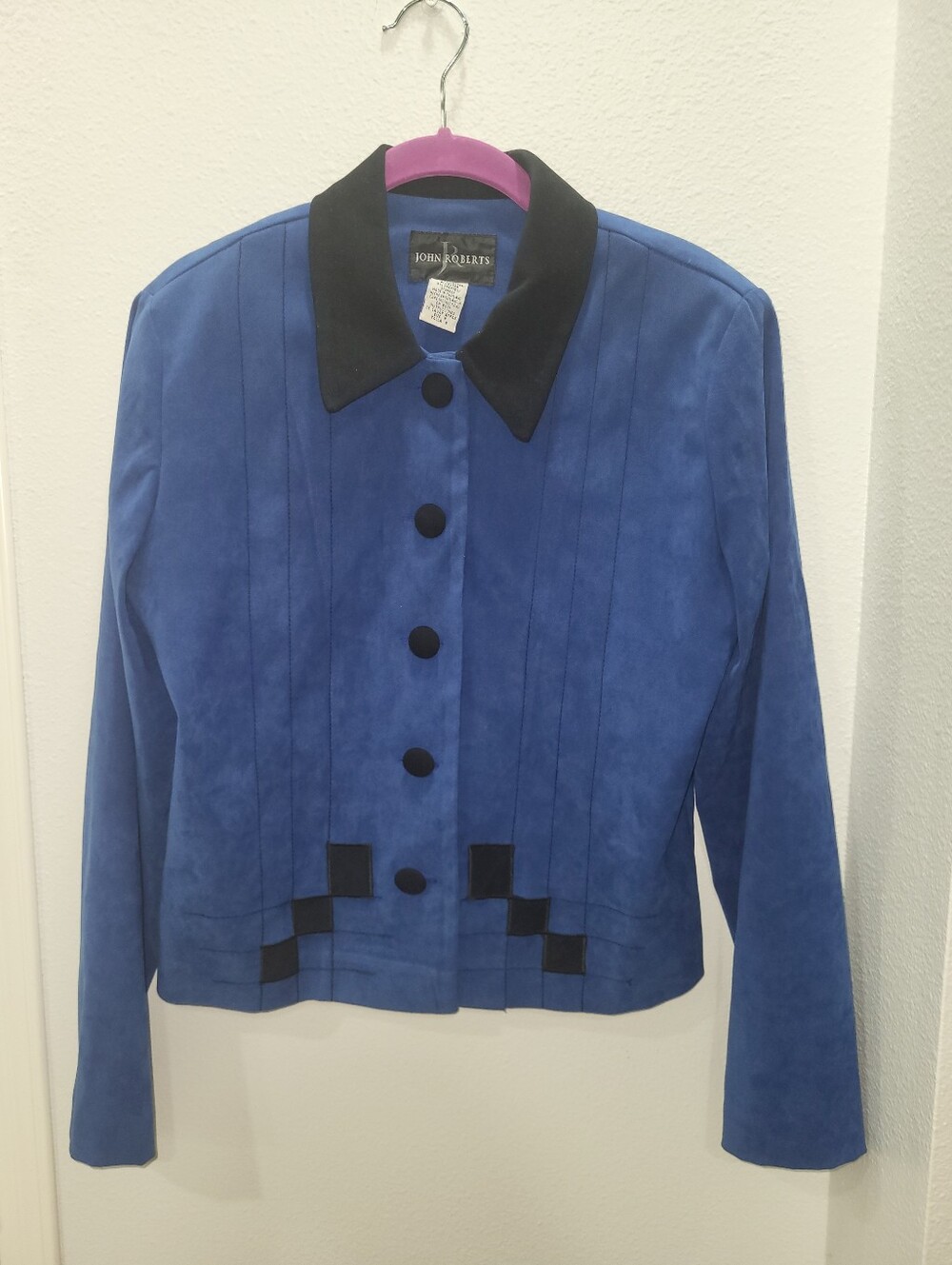 Vintage 80s John Roberts Royal Blue Faux Suede Jacket Blazer Sz. 8 Checkerboard